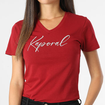 Kaporal - Tee Shirt Manches Courtes Col V Slim Femme Signe Rouge Foncé Argenté