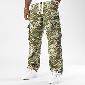 2Y Premium - Pantalon Cargo Jean Relaxed Fit Vert Kaki Beige Camouflage