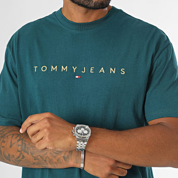 Tommy Jeans - Tee Shirt Regular Fit Gold Linear Logo 9694 Bleu Pétrole Doré