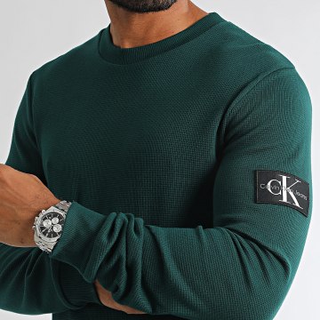 Calvin Klein - Monogram Badge Wafel Crewneck Sweat 3485 Fles Groen