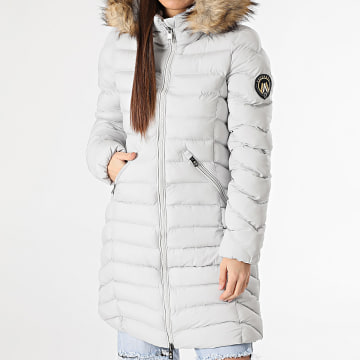 Superdry - Abrigo largo con capucha de piel sintética gris Fuji para mujer