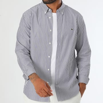 Lacoste - Chemise Manches Longues A Rayures Regular Fit Logo brodé Crocodile Blanc Bleu Marine