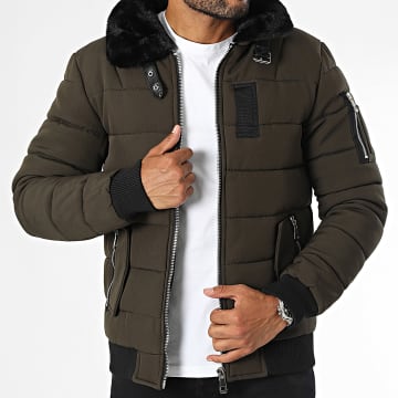 Kymaxx - Chaqueta acolchada con cuello de piel verde caqui oscuro