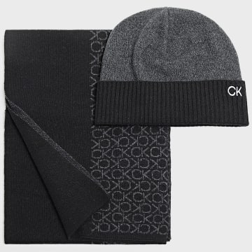 Calvin Klein - Monogram Beanie 2390 Set sciarpa e berretto nero grigio carbone