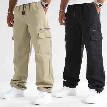 LBO - Lote de 2 pantalones cargo de lona de algodón 0513 0514 Negro Beige