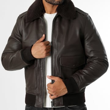 Schott NYC - Chaqueta de cuero auténtico con cuello de piel A-2 Marrón