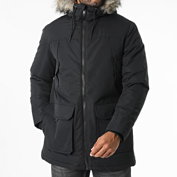Jack And Jones - Parka con capucha de piel negra Construct