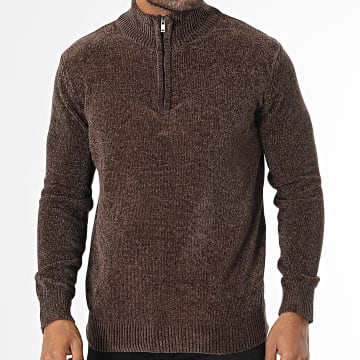 KZR - Pull Col Montant Zippé Marron Chiné