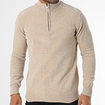 KZR - Pull Col Montant Zippé Beige Chiné