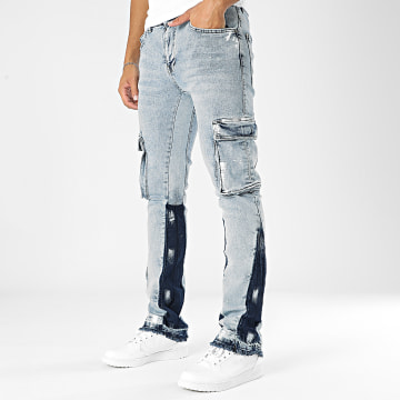Ikao - Pantalon Cargo Jean Flare Bleu Denim