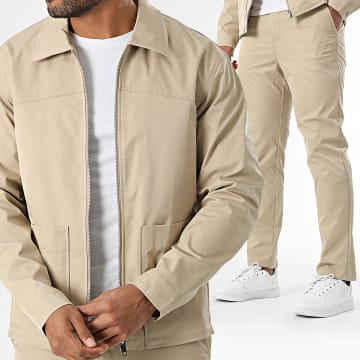 Frilivin - Conjunto de chaqueta con cremallera y pantalón beige