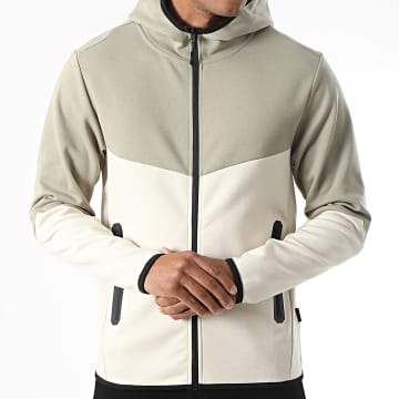 Jack And Jones - Sweat Zippé Capuche Fusion Blocking Vert Kaki Beige