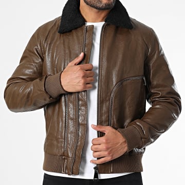 Classic Series - Veste Col Mouton Simili Cuir Marron