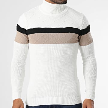 John H - Pull Col Roulé Blanc Noir Beige