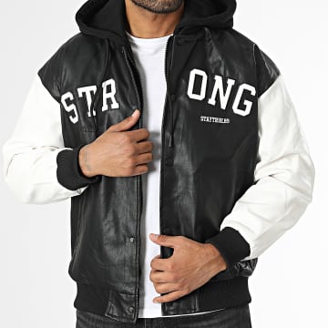 KZR - Veste Simili Cuir Capuche Noir Blanc