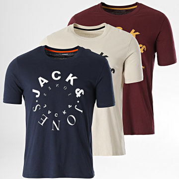 Jack And Jones - Lote de 3 camisetas Warrior Beige Navy Burdeos