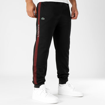 Lacoste - Pantalon Jogging A Bandes Logo Brodé Crocodile Noir Bordeaux
