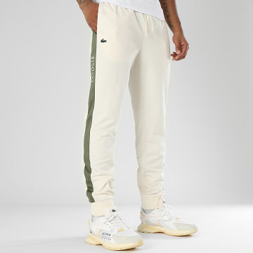 Lacoste - Pantalon Jogging A Bandes Logo Brodé Crocodile Beige Vert Kaki