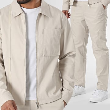 Frilivin - Conjunto de chaqueta con cremallera y pantalón cargo beige