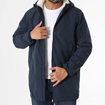 Frilivin - Chaqueta larga con capucha y cremallera azul marino