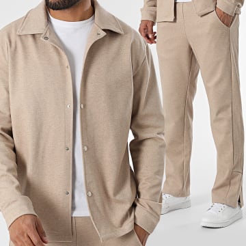 Frilivin - Conjunto de sobrecamisa y pantalón de chiné beige