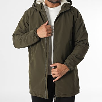 Frilivin - Chaqueta larga con capucha y cremallera verde caqui