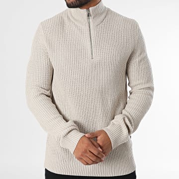 JJREBEL - Liam Beige Zip Neck Sweater