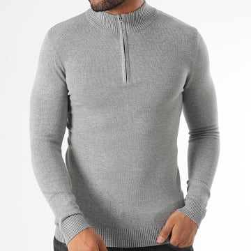 John H - Pull Col Montant Zippé Gris Chiné