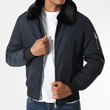 Kymaxx - Veste Bomber Col Fourrure Bleu Marine