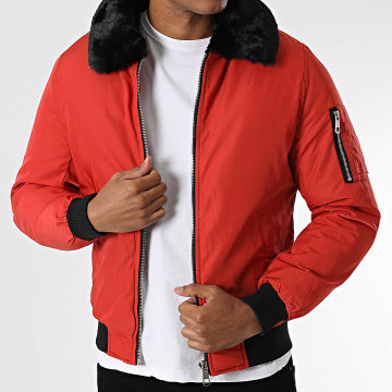 Kymaxx - Veste Bomber Col Fourrure Rouge Brique