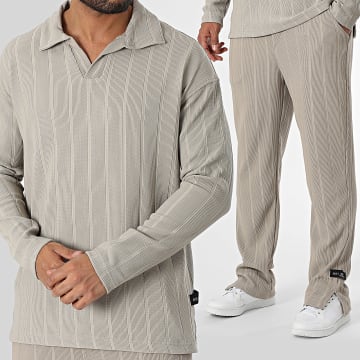 Classic Series - Conjunto de polo de manga larga y pantalón Beige