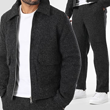 Frilivin - Conjunto de chaqueta y pantalón negro jaspeado con cremallera