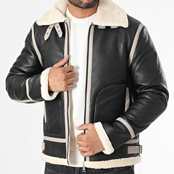 Frilivin - Chaqueta con cremallera de piel sintética negra Beige claro