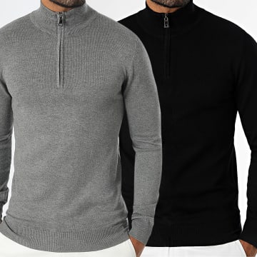 Frilivin - Lot de 2 Pulls Col Zippé Gris Noir