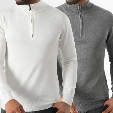 Frilivin - Lot de 2 Pulls Col Zippé Gris Blanc