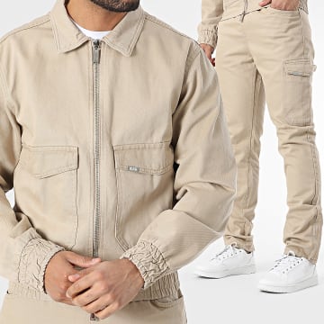 Ikao - Ensemble Veste Jean Zippé Et Pantalon Cargo Jean Beige