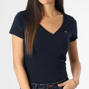Tommy Jeans - Tee Shirt Col V Femme Slim 0458 Bleu Marine