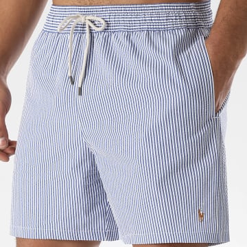 Polo Ralph Lauren - Short De Bain A Rayures Original Player Blanc Bleu Roi