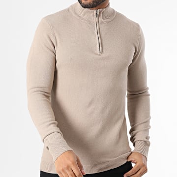 Frilivin - Pull Col Zippé Beige Foncé