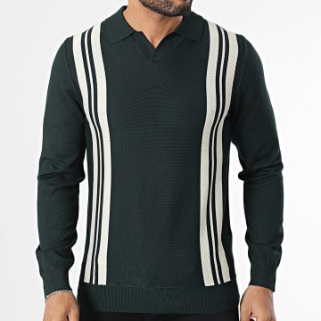 Frilivin - Pull Col V Vert Foncé Beige