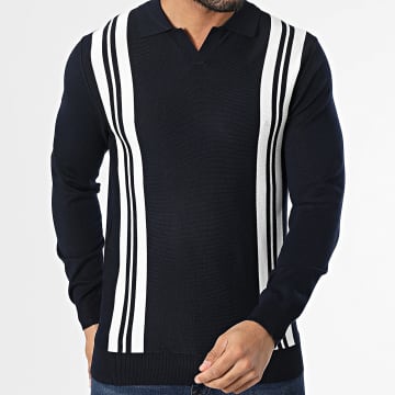 Frilivin - Pull Col V Bleu Marine Blanc