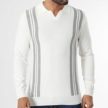 Frilivin - Pull Col V Blanc Gris