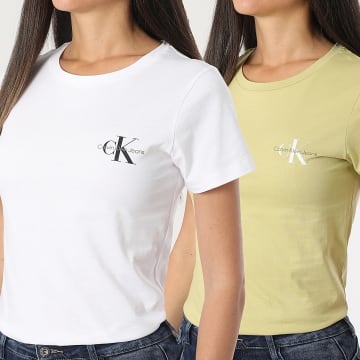 Calvin Klein - Lot De 2 Tee Shirts Slim Femme 9734 Blanc Vert Clair