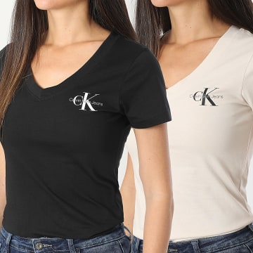 Calvin Klein - Lot De 2 Tee Shirts Slim Col V Femme 3447 Beige Noir