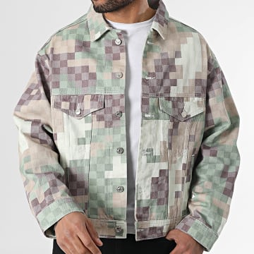 2Y Premium - Veste Jean A Carreaux Vert Beige Violet