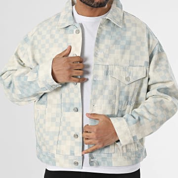 2Y Premium - Veste Jean A Carreaux Beige Bleu Clair