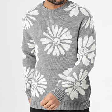 Frilivin - Pull Col Rond Gris Blanc Floral
