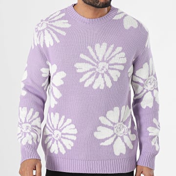 Frilivin - Pull Col Rond Blanc Violet Floral