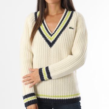 Lacoste - Pull Col V Femme Logo Brodé Crocodile Beige