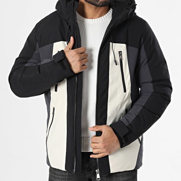 Frilivin - Negro Beige Gris Carbón Abrigo con capucha